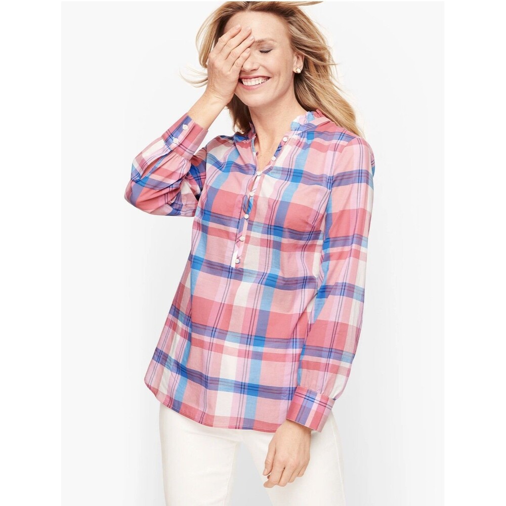 Talbots Popover Blouse Size 1X Pink Blue Plaid Long Sleeves 100% Cotton Tunic